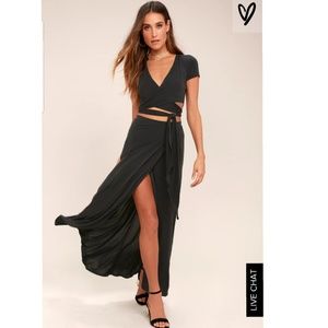 Lulus 2 piece Maxi Set Black wrap top and skirt